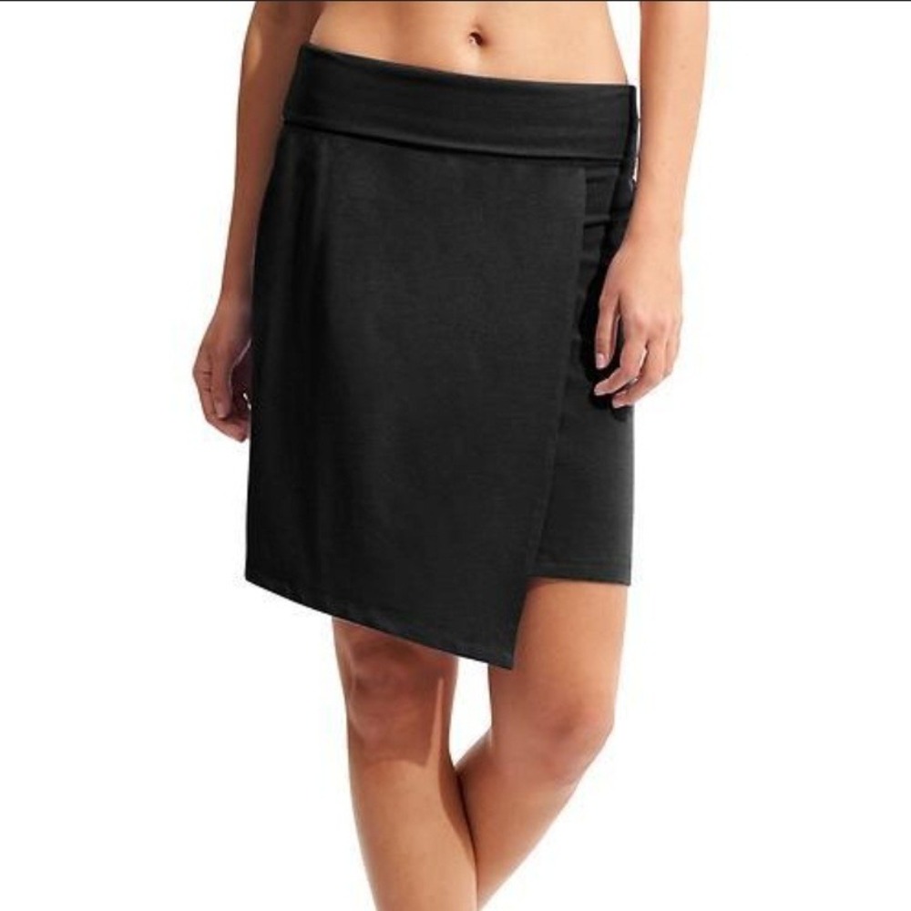 Athleta Seaside Foldover Waist Jersey Knit Skirt Sz L Black Faux Wrap